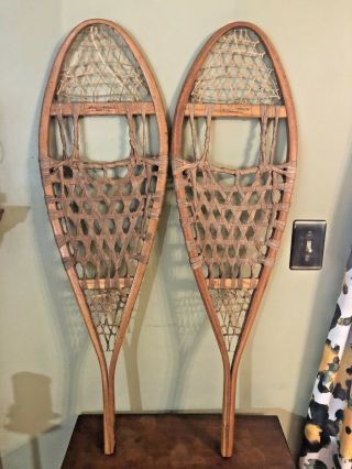 Vintage Wooden & Leather Snowtrek Snowshoes Made In Canada - Log Cabin Decor
