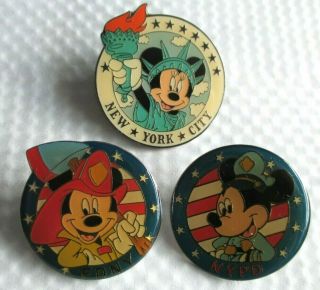 Disney Gallery Nyc Mickey Fdny Fire,  Nypd Police & Minnie Statue Liberty 3 Pins