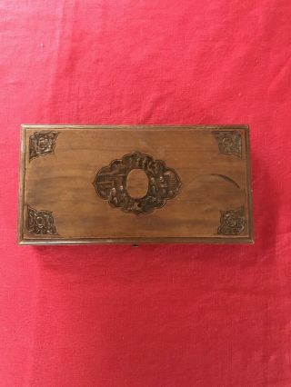 Vintage Oriental Chinese ? Carved Wooden Jewellery Box Velvet Lining