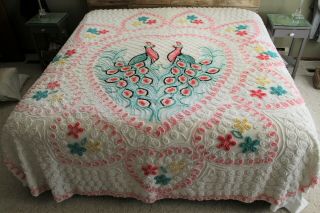 Vintage Chenille Bedspread Double Peacocks & Hearts Pinks & Blues 93 X 101