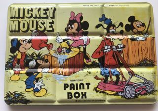 Vintage Mickey Mouse - Minnie - Goofy Water Color Paint Set In Tin - Disney
