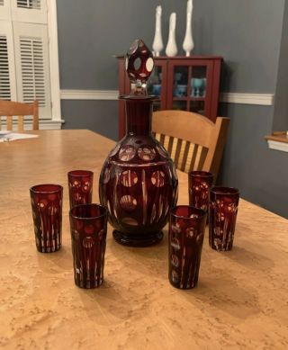 Vtg Ruby Red Bohemian/czech Liquor Decanter W/6 Shot Glasses