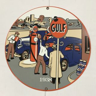 Vintage 1938 Gulf Gasoline Porcelain Gas Metal Ad Service Station Pump Sign