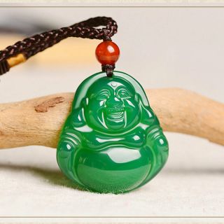 Fine Natural Hand - Carved Green Agate Chalcedony Buddha Lucky Amulet Pendants