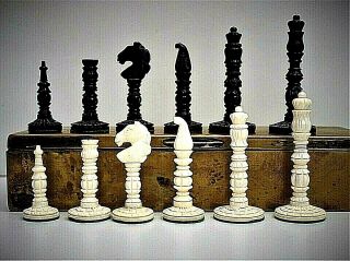 Vintage Styled Camel Bone Chess Set (k = 77 Mm/3 "),  Aged Wood Lined Brass Box.