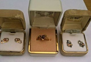 Vintage Black Hills Gold Tri Color 10k Ring Sz10,  2pr Earrings Rose Leaves Heart