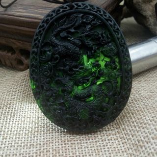 Chinese Natural Black Green Jade Hand Carved Jade Pendant Dragon Lucky Amulet