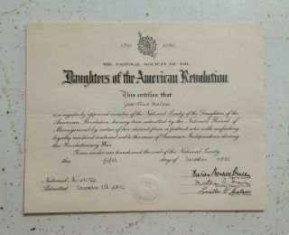 Vintage 1962 Dar Daughters Of The American Revolution Certificate