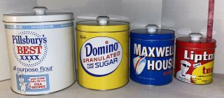 Vintage J.  L.  Clark Pillsbury’s Domino Maxwell House Lipton Tea Canister Set Euc