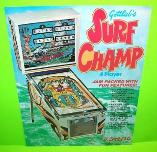 Surf Champ Pinball Machine Flyer 1976 Nos Flipper Arcade Game Gottlieb