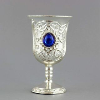 Collectable Handwork Old Miao Silver Inlay Amber Carved Exquisite Noble Wine Cup