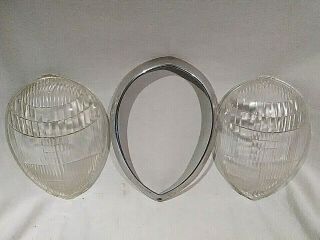 2 Vtg Ford 1937 - 38 Lamp Clear Cut Glass Headlight Lens & Chrome Headlamp Ring