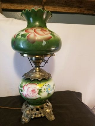 Gwtw A 3 - Way Vintage Green Floral Milk - Glass Hurricane Lamp 21 "