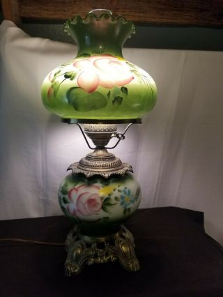 GWTW A 3 - WAY VINTAGE GREEN FLORAL MILK - GLASS HURRICANE LAMP 21 