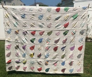 Vintage Hand Made Quilt 68” W X 83” L Patchwork Leaves / Feathers Hand Sewn
