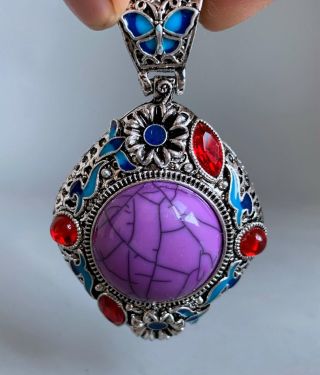 Collectable Old Tibet Silver Carve Cloisonne Flower Inlay Purple Agate Pendants