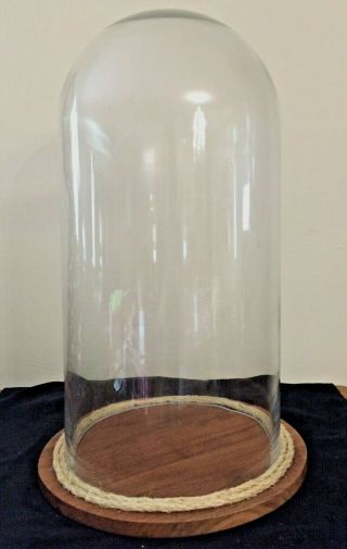 Vintage Large 20 1/2 Inch Tall Glass Cloche / Bell Dome W Teak Wood Base & Rope