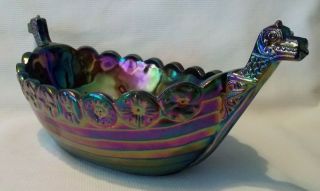 Vintage Fenton Viking Ship Art Glass Dish Bowl Carnival Glass Plum Blue Purple