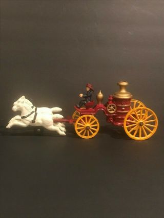 Vintage Cast Iron Toy Fireman Horse Drawn Fire Engine Truck Wagon