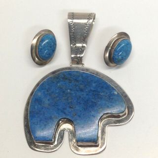 Vintage Native Sterling Silver Blue Denim Large Bear Pendant Earrings