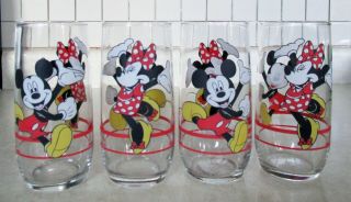 4 Disney Mickey Mouse Minnie Mouse Anchor Hocking Glass Tumblers 6 " Tall