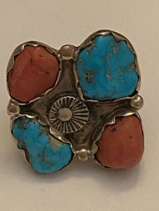 Unusual Vintage Old Pawn Navajo Turquoise & Coral Sterling Silver Ring Size 7