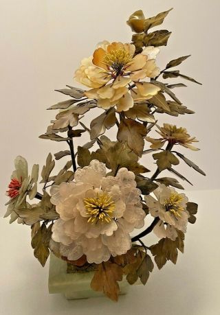 Vintage Chinese Carved Jade Rose Quartz Semi Precious Bonsai Flower Tree 21”