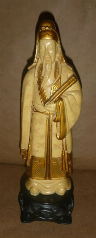 Oriental Hand - Painted Resin Chinese Elder Figurine On Base Holding Scrolls 11.  5 "