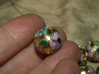 One Large Vintage Chinese Enamel Cloisonné Gold Bead Leaves Flowers Round 14mm