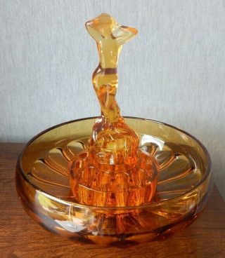 Vintage Art Deco Bagley Amber Glass Andromeda Frog With Queens Choice Bowl