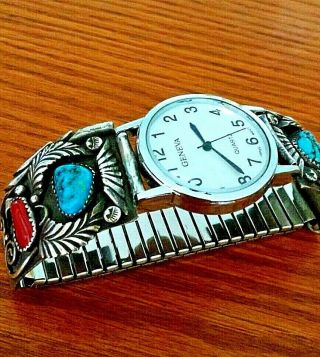 Mens Vintage Native American Signed Turquoise,  Red Coral & 925 Silver Watch Band