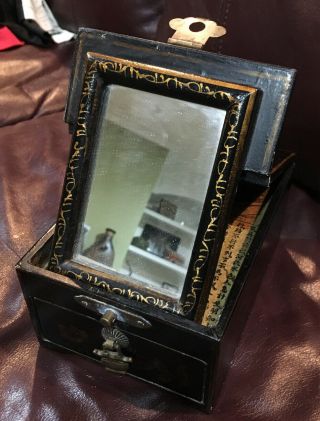 Antique Chinese Jewelry Box Black Lacquer With Fold Up Mirror
