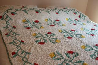 Vintage Cotton Hand Stitched Appliqued Quilt 70x74 Red And Yellow Flowers