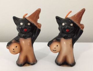 2 Vintage Halloween Gurley Candles Black Cats In Hats