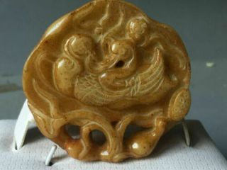 Chinese Old Natural Jade Hand - Carved Mandarin Duck 鸳鸯戏水 Statue Pendant 040
