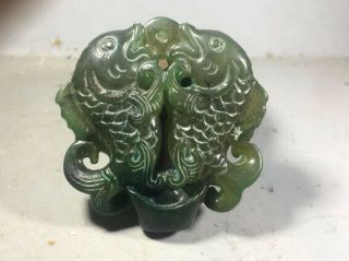Old China Natural Jade Hand - Carved Statue Jade Double Fish Statue Pendant 010