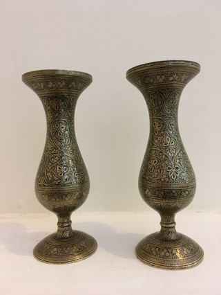 Indian Brass And Niello Inlay Antique (late 19th Century) 2 Small Brass Vases