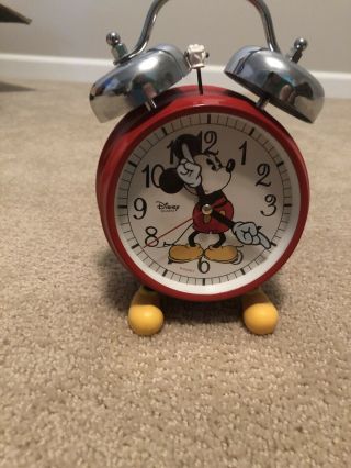 Vintage Disney Mickey Mouse Two Silver Bell Alarm Clock Red & Silver - Cond