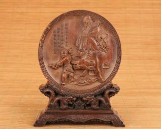 Chinese Old Boxwood Hand Carved Buddha Figure Statue Netsuke Plate,  Wood Stand