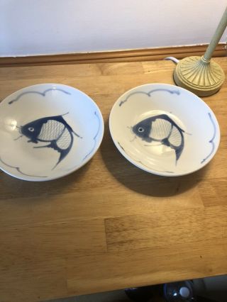 Pair Chinese Bowl Plates Koi Fish Blue & White Hand Painted Nwt China X 2 Dish