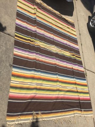 Vintage Large Striped Mexican Serape Fine Wool Blanket Rug Approx.  93” X 60”