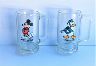 Two Vintage Disney Glass Mugs Steins Donald Duck & Mickey Mouse
