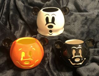 Set (3) Mickey Mouse Halloween Ceramic Candle Holders Orange,  Black & White