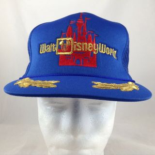 Vintage Walt Disney World Trucker Hat Cap Blue Mesh Snapback Gold Leaf