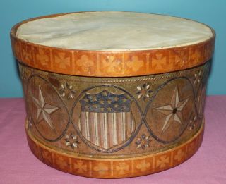 Antique Post Civil War Era Tin & Wood Snare Drum With American Shield & Stars
