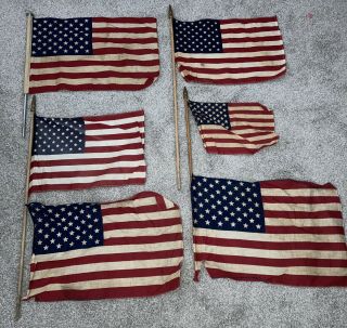 (6) Vintage 1960s Cotton American 50 Star Flag W/ Wooden Pole