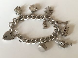 Vintage Heavy Solid Silver Charm Bracelet And Charms,  1961 - Links All Marked