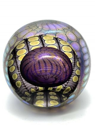 Vintage Art Glass Violet Bubble Paperweight 3.  5” Signed By Artist Tom Philabaum