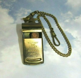 Vintage Military And Police Academy Whistle 2 " Solid Brass W/ Chain & Cork Ball