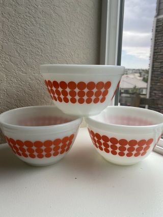 Set Of 3 Vintage Pyrex Mixing Bowl Orange Polka Dot 401 Dots 1.  5 Quart
